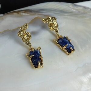 Gold-Tone Drop Earrings with Deep Blue Stones
